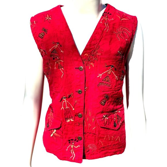 Chicos Design Red Embroidered Button Front Vest Boho Folk Art Sleeveless Jacket - Picture 1 of 9